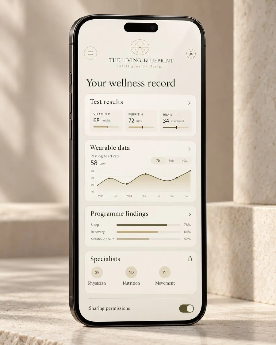 The Living Blueprint app showing a guest’s wellness record